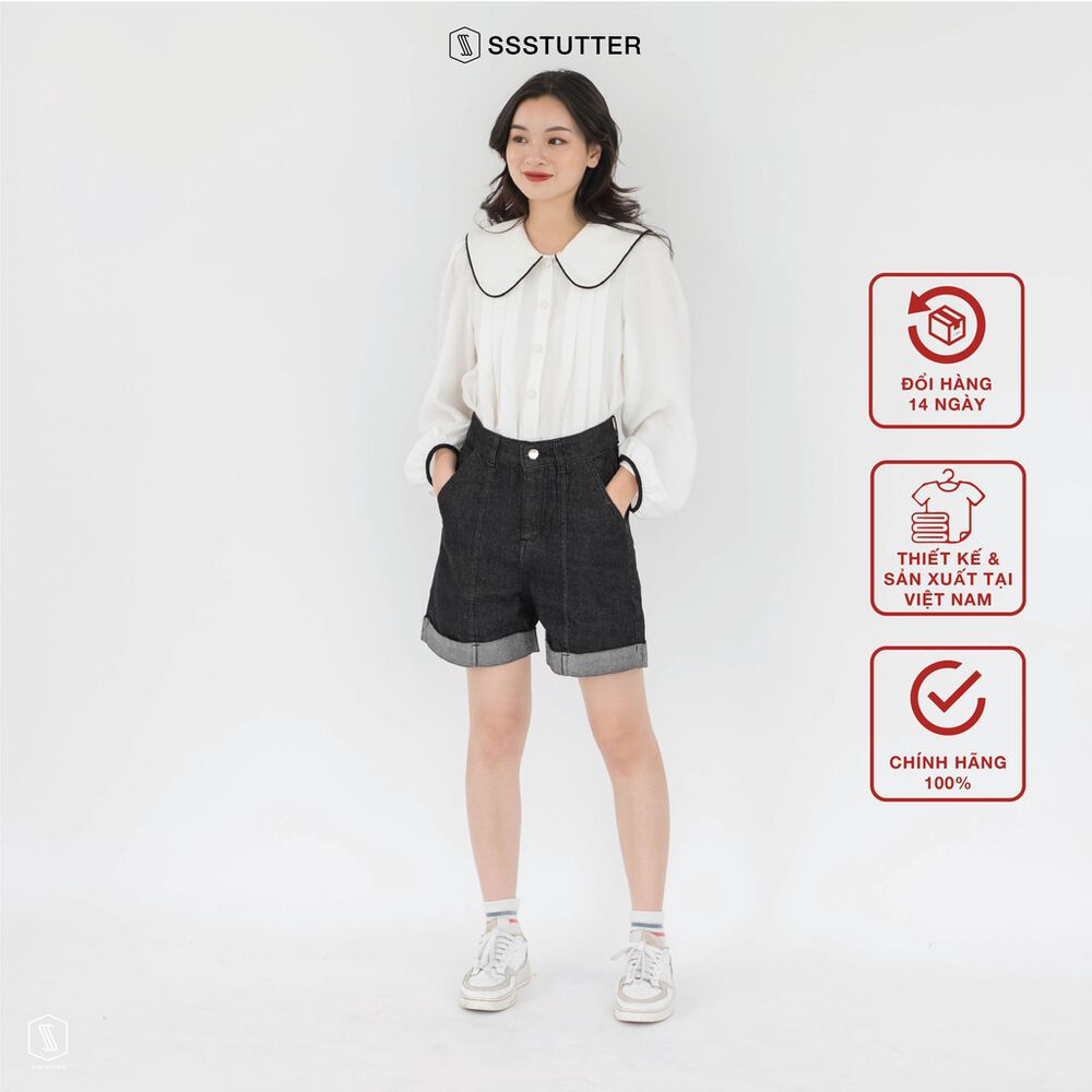 Áo sơ mi nữ SSSTUTTER cổ peter pan tay bồng chất nhung tăm