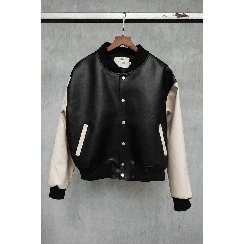Black Embossed Logo Leather Varsity Jacket