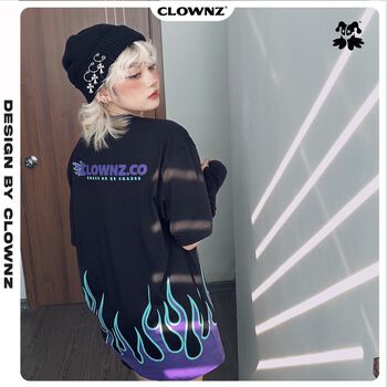 [FULLTAG CHÍNH HÃNG] Áo thun tay lỡ họa tiết lửa ClownZ Racing Flames T-shirt unisex, form rộng, chất cotton