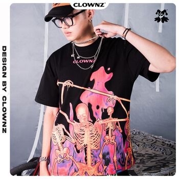[FULLTAG CHÍNH HÃNG] Áo thun tay lỡ họa tiết lửa ClownZ Skeleton Rock Party unisex, form rộng, chất cotton