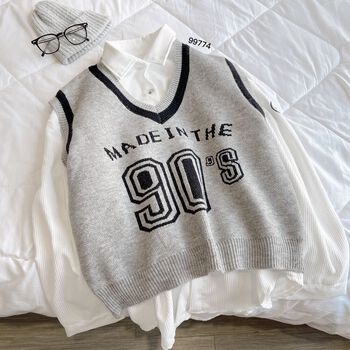 Áo gile len cổ V 90s love xám basic ulzzang - Made by Fiin