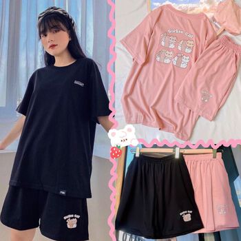 Set thun SUSHI CAT form rộng 2 màu hồng/đen basic ulzzang - Made by Fiin