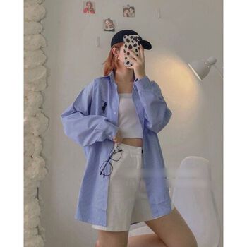 Áo sơ mi thêu tay dài dáng rộng unisex