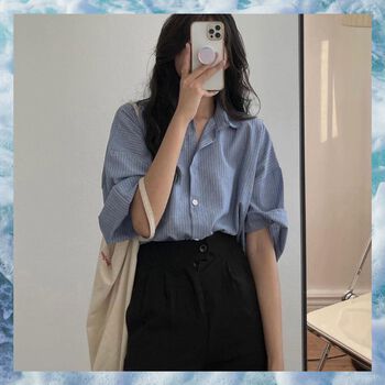 Áo sơmi nữ kẻ tay lửng form rộng chất thô mát