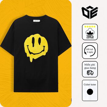 Áo thun tay lỡ thêu mặt cười DE81 phông Unisex nam nữ Cotton oversize form rộng màu đen