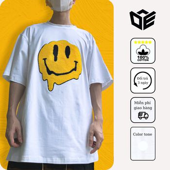 Áo thun tay lỡ thêu mặt cười DE81 phông Unisex nam nữ Cotton oversize form rộng màu trắng