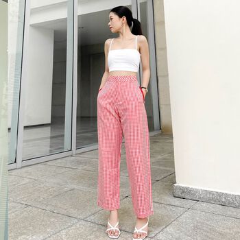 Quần tây nữ ống suông lưng cao, form đứng năng động, chất liệu Cotton cao cấp mềm mịn thoáng mát - Caro Đỏ