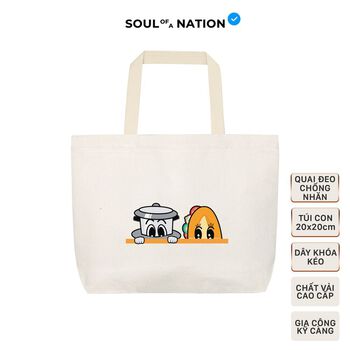 Túi Tote Vải Canvas Cao Cấp - Size lớn, Dây đeo không nhăn, Có khóa kéo, Ngăn phụ bên trong - Cà phê Bánh mì