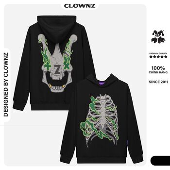 Áo hoodie nam nữ local brand Clownz Flamy Skull nỉ bông, đen nâu, họa tiết xương, unisex form rộng, có mũ