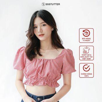 Áo crotop nữ SSSTUTTER kiểu tay bồng bèo nhún pin shirt