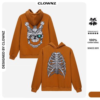 Áo hoodie nam nữ local brand Clownz Cyber Skull nỉ bông, đen nâu, họa tiết xương, unisex form rộng, có mũ