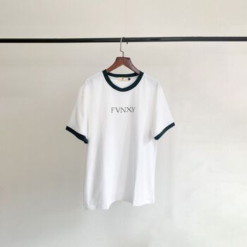 Áo Thun Phối Cổ Và Tay Áo Nam Nữ In Logo FVNXY Màu Trắng phối Xanh Lá Đậm Cực Trend