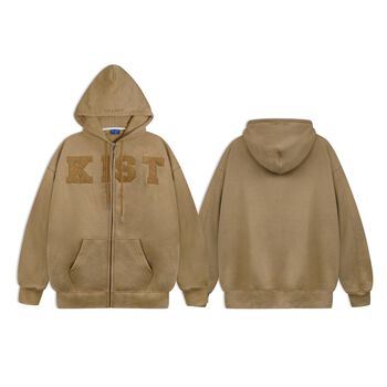 Áo khoác hoodie zip MUSEUM oversize có nón nam nữ, vải nỉ bông, màu nâu phong cách unisex KILL SYSTEM
