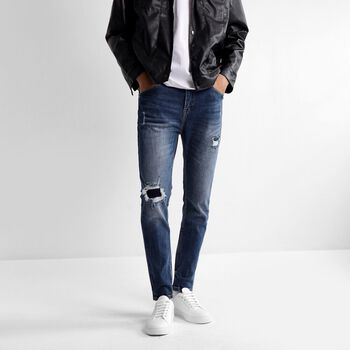 Quần Jean Skinny Dark Blue Wash W Knee Ripped
