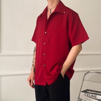 Áo Sơ Mi Ngắn Tay Đơn Giản Nam Phom Rộng Ít Nhăn FVNXY Màu Đỏ Cá Tính