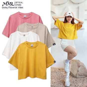 Áo thun croptop trơn cổ tròn tay lỡ form rộng unisex 40-65kg cotton nhiều màu hồng trắng beige vàng phong cách hàn quốc