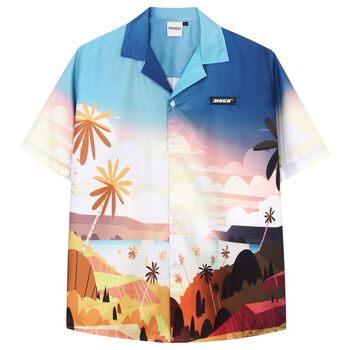 Áo sơ mi tay ngắn - HUGU - Hawaii - chất vải lụa satin - unisex