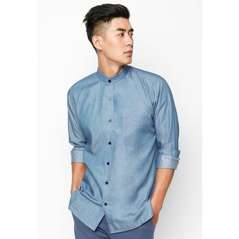 Áo sơ mi cổ trụ màu xanh đậm ( Clearance)
