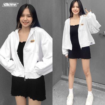 Áo Hoodie Zip Logo form rộng màu trắng | DKMV Hoodie Zip Logo-White