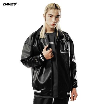 Áo khoác bóng chày da thêu logo Davies màu đen BMG Leather Varsity Jacket