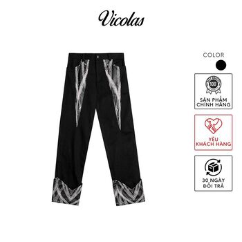 Quần dài denim phối da hoạ tiết vết xe VICOLAS WHEEL TRACKS PANTS