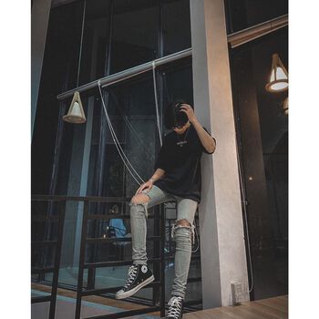 Quần Jeans dáng Skiny rách gối | Indigo Ripped Jean + Khăn bandana