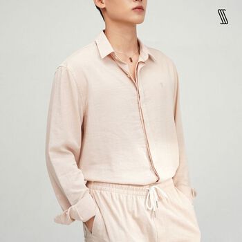 Áo sơ mi cổ đức nam SSSTUTTER linen thoáng mát sơ mi tay dài ẩn nút BEI LINEN SHIRT
