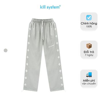 Quần ống rộng suông màu xám Kill System line hông quần in logo , vải co giãn tốt, phong cách unisex