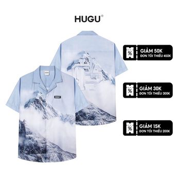 Áo sơ mi tay ngắn HUGU - Logo Mountain - chất vải satin thoáng mát - unisex
