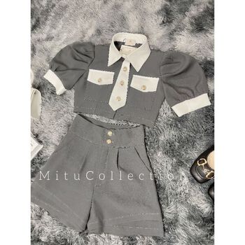 Set sơ mi crotop kèm quần phối cúc màu ghi