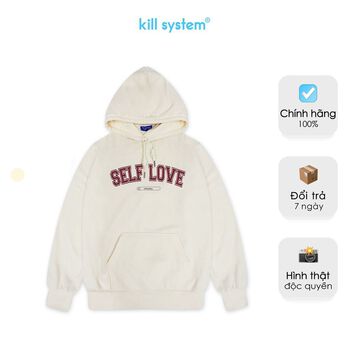 Áo khoác hoodie màu kem Kill System Self Love oversize có nón nam nữ vải chân cua, nỉ bông phong cách unisex