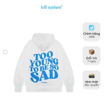 Áo khoác hoodie màu trắng Kill System So Sad oversize có nón nam nữ, vải nỉ bông, phong cách unisex