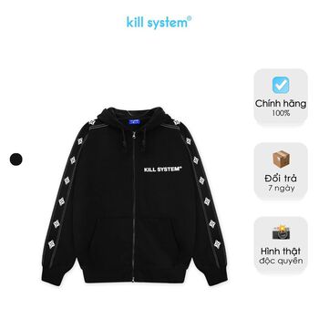 Áo khoác hoodie zip màu đen Kill System Line oversize có nón nam nữ, vải chân cua, phong cách unisex