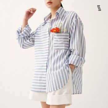 Áo sơ mi nữ oversized SSSTUTTER sọc phong cách pháp BIRDIE STRIPIED SHIRT Áo sơ mi nữ oversized SSSTUTTER sọc phong cách pháp BIRDIE STRIPIED SHIRT