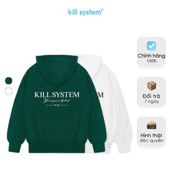 Áo khoác hoodie zip Basic màu trắng và rêu Kill System oversize có nón nam nữ, vải chân cua, nỉ bông phong cách unisex