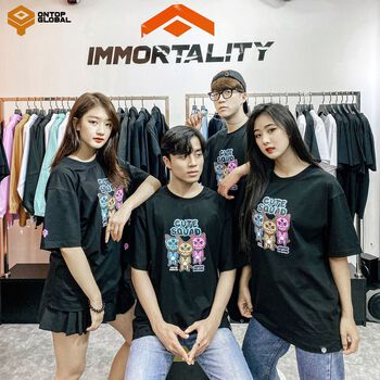 Áo thun tay lỡ form rộng nam nữ màu đen ONTOP - Cute Squad