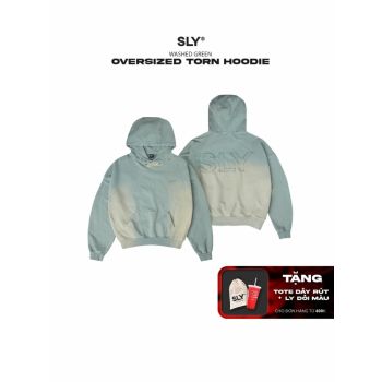 Áo hoodie nỉ chân cua SLY Torn Washed Green form oversized
