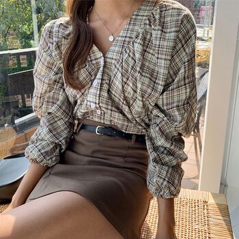 Áo Blouses Vải Chun Sọc Caro ENVYLOOK Sherring Check Blouse