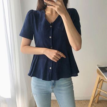 ÁO SƠ MI NỮ VAI BỒNG MÀU XANH NAVY WAVE ENVYLOOK WAVE BLOUSE