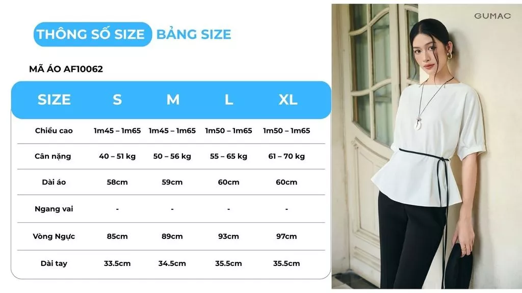 Áo kiểu nữ GUMAC tay liền kèm dây bên sườn có đỉa để thắt dây  AF10062