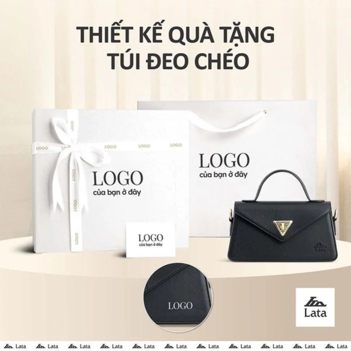 Bộ hộp quà trắng LATA (Túi đeo chéo nữ LATA HN129 + Hộp quà HQ2T + Túi giấy TG2T + Túi rút BVR3838 + Thiệp cảm ơn BT1)