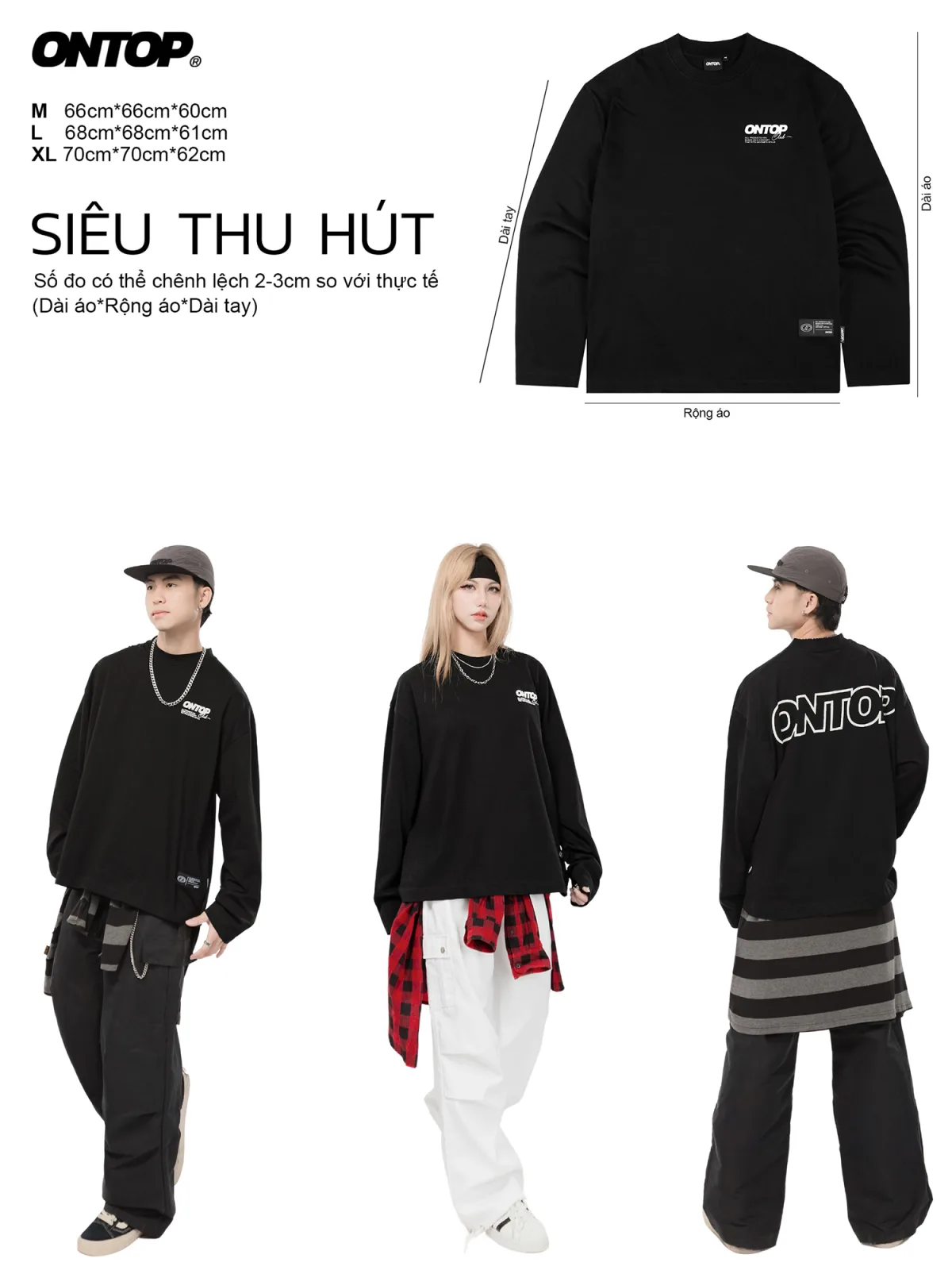 Áo thun dài tay nam nữ màu đen ONTOP form rộng vải cotton tháng mát local brand basic Base Long Sleeve Tee | O-T7