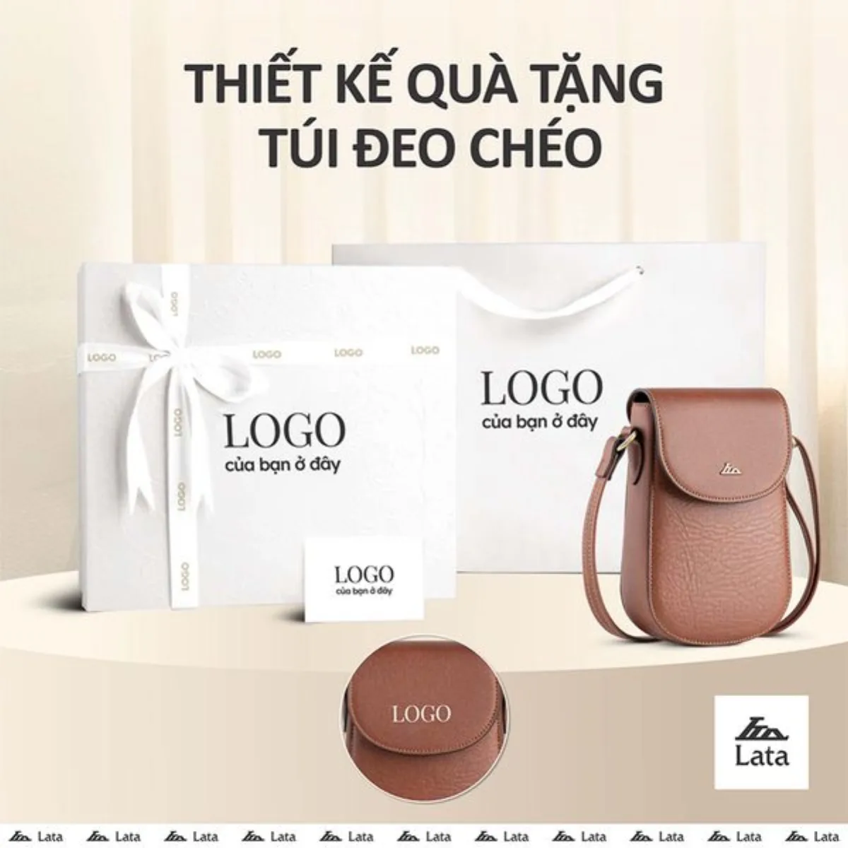 Bộ hộp quà trắng LATA (Túi đeo chéo nữ LATA HN122 + Hộp quà HQ2T + Túi giấy TG2T + Túi rút BVR3838 + Thiệp cảm ơn BT1)