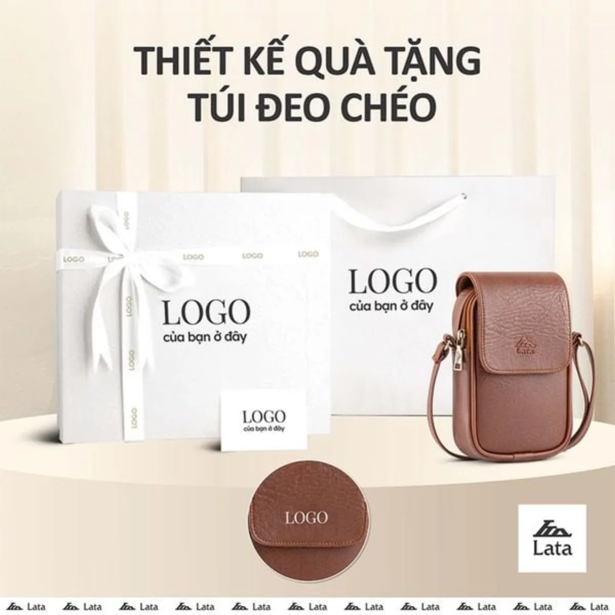 Bộ hộp quà trắng LATA (Túi đeo chéo nữ LATA HN123 + Hộp quà HQ2T + Túi giấy TG2T + Túi rút BVR3838 + Thiệp cảm ơn BT1)