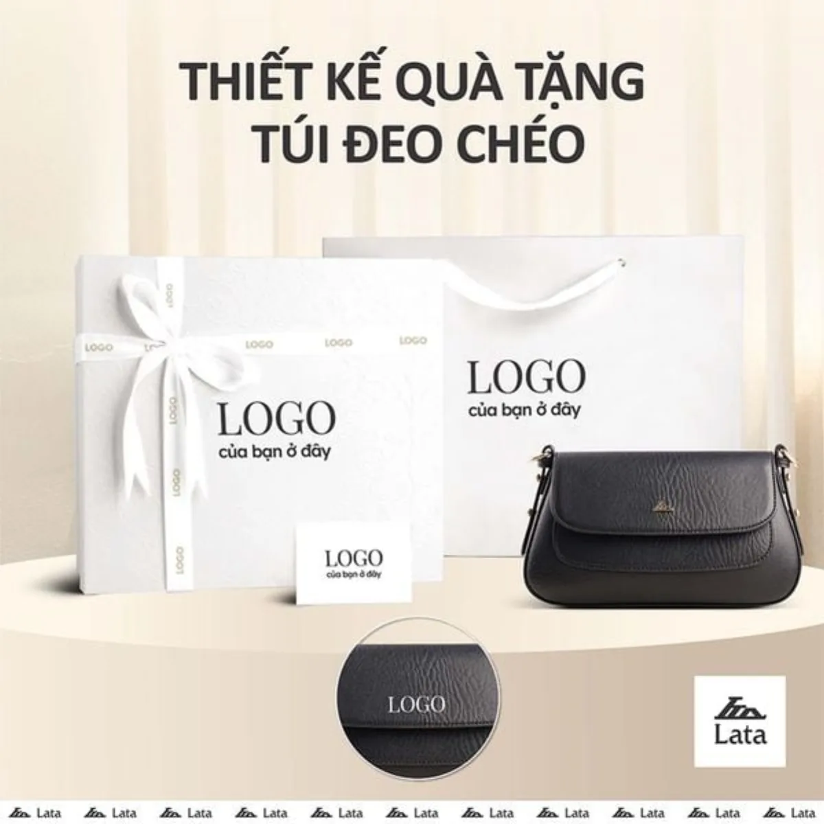 Bộ hộp quà trắng LATA (Túi đeo chéo nữ LATA HN134 + Hộp quà HQ2T + Túi giấy TG2T + Túi rút BVR3838 + Thiệp cảm ơn BT1)