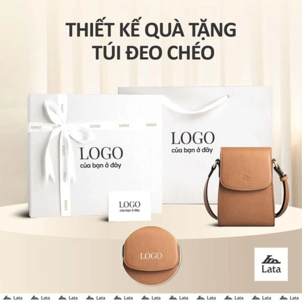 Bộ hộp quà trắng LATA (Túi đeo chéo nữ LATA HN135 + Hộp quà HQ2T + Túi giấy TG2T + Túi rút BVR3838 + Thiệp cảm ơn BT1)