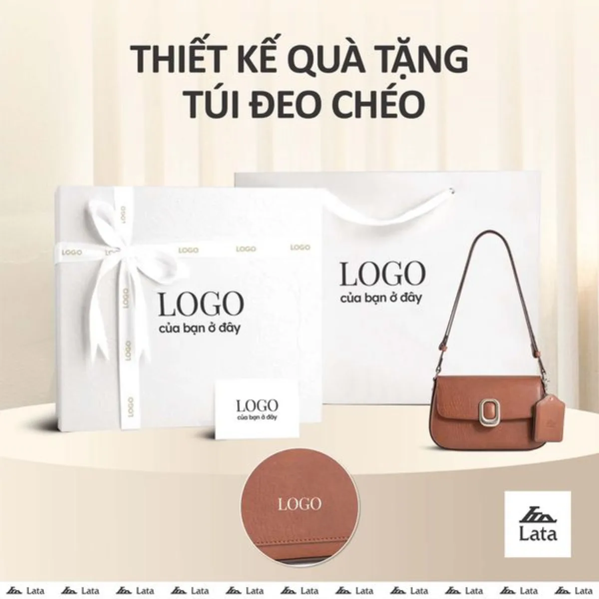 Bộ hộp quà trắng LATA (Túi đeo chéo nữ LATA HN144 + Hộp quà HQ2T + Túi giấy TG2T + Túi rút BVR3838 + Thiệp cảm ơn BT1)