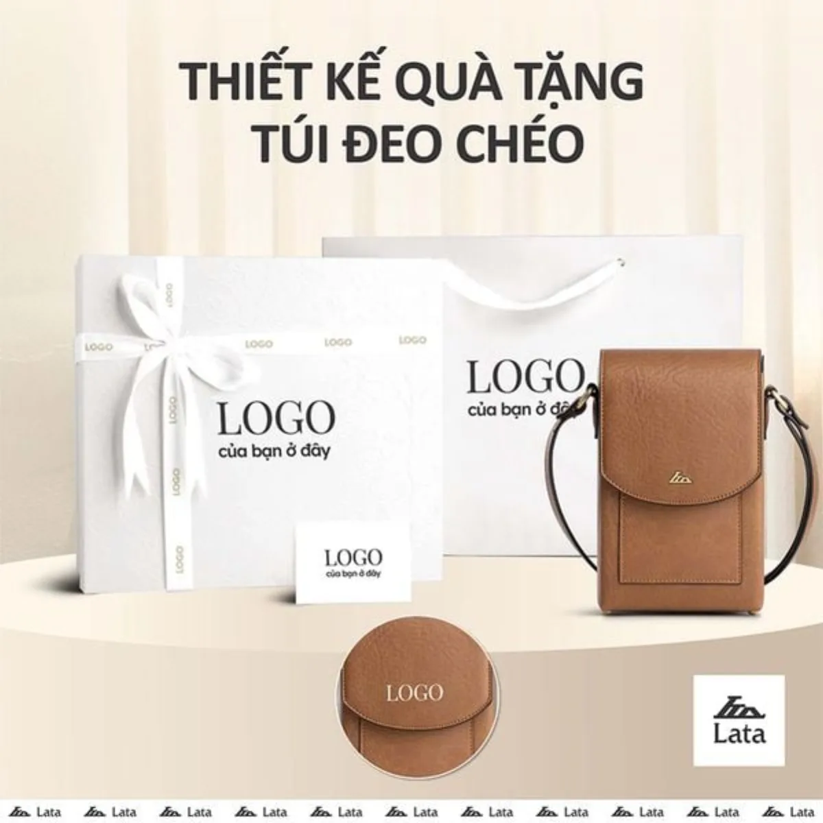 Bộ hộp quà trắng LATA (Túi đeo chéo nữ LATA HN128 + Hộp quà HQ2T + Túi giấy TG2T + Túi rút BVR3838 + Thiệp cảm ơn BT1)
