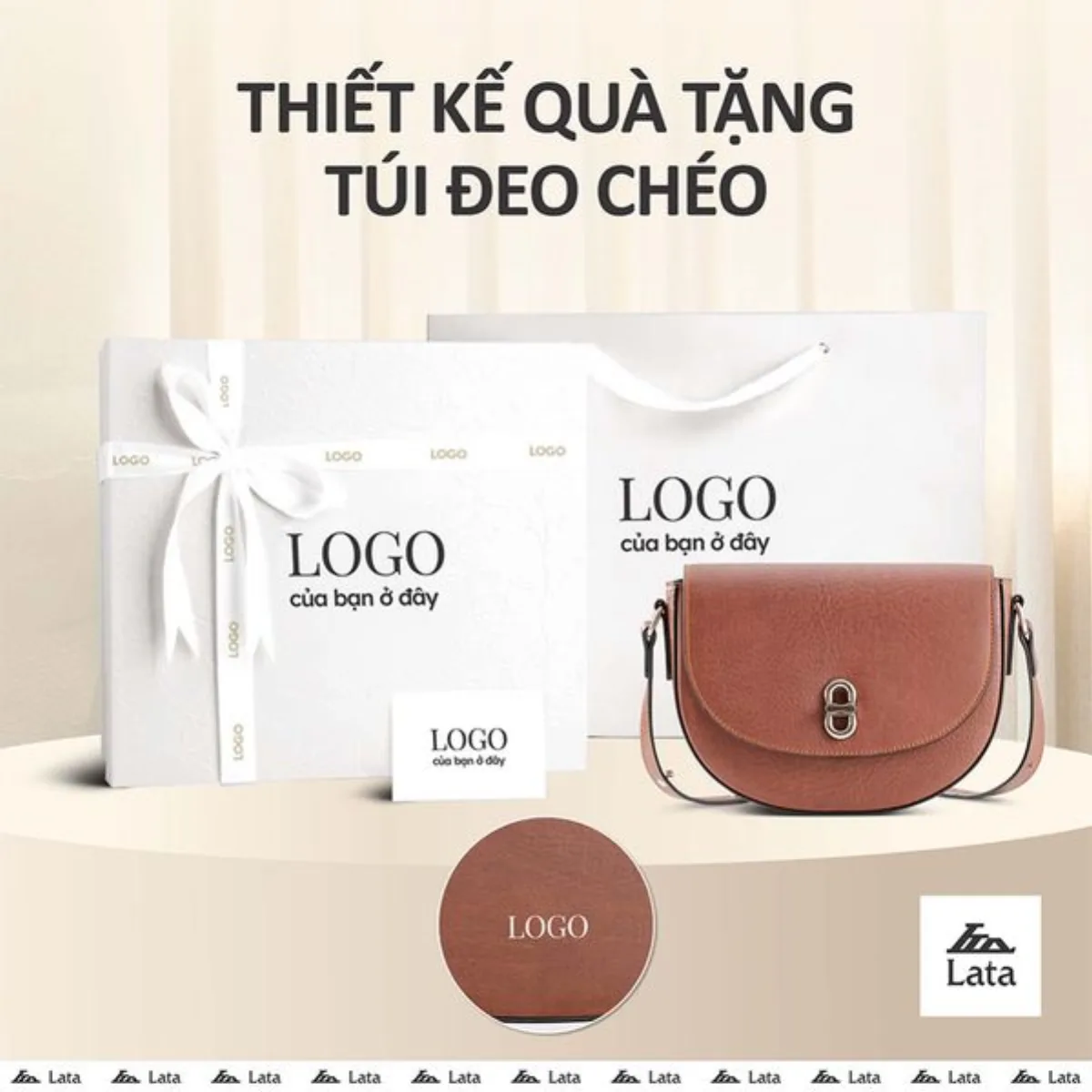 Bộ hộp quà trắng LATA (Túi đeo chéo nữ LATA HN141 + Hộp quà HQ2T + Túi giấy TG2T + Túi rút BVR3838 + Thiệp cảm ơn BT1)