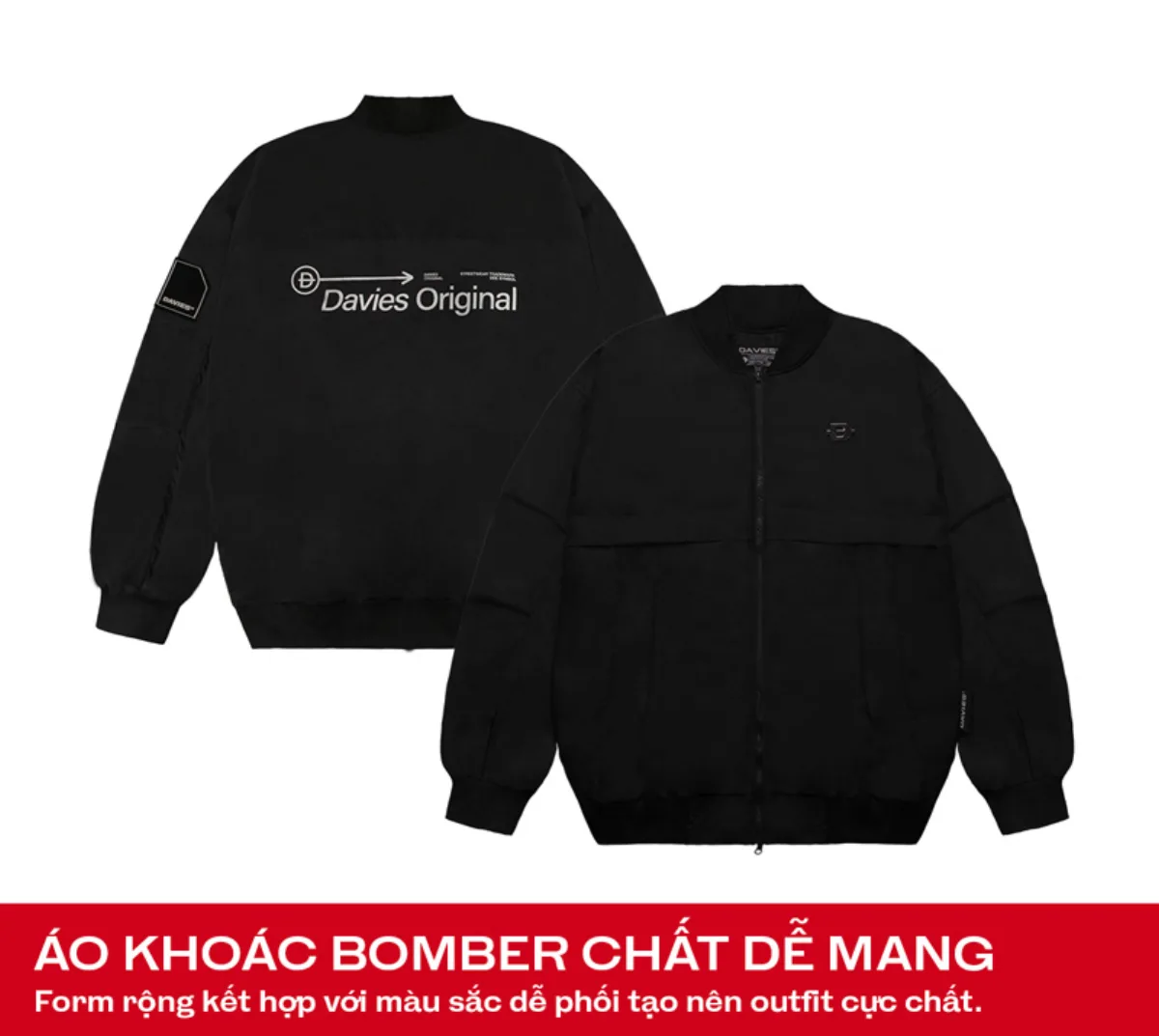 Áo khoác bomber nữ nam dù DAVIES form rộng hai lớp màu đen Jacket Pleats local brand I D31-AK13